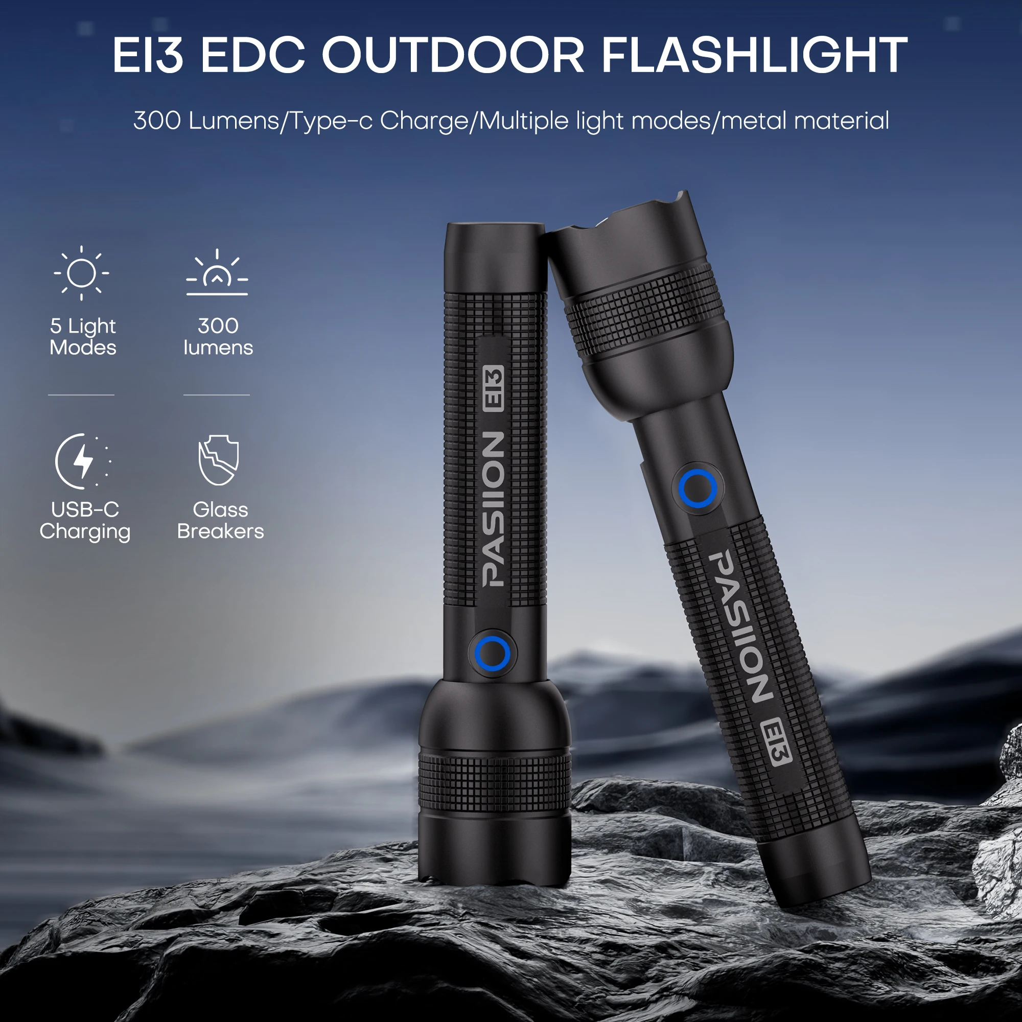 

EDC Optical Zoom Flashlight Portable Flashlight With 4 Lighting Modes USB C Rechargeable For Self Defense Camping