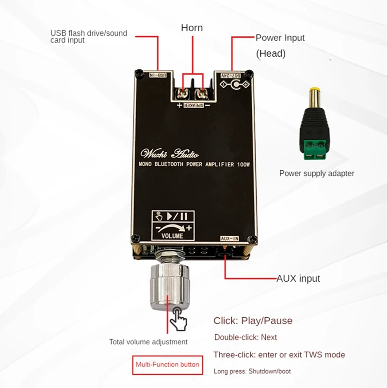 Mono 100W Bluetooth Audio Versterker Board Met Tws Box Functie Bt5.1 Stereo Audio Module DC7-24V ZK-1001B