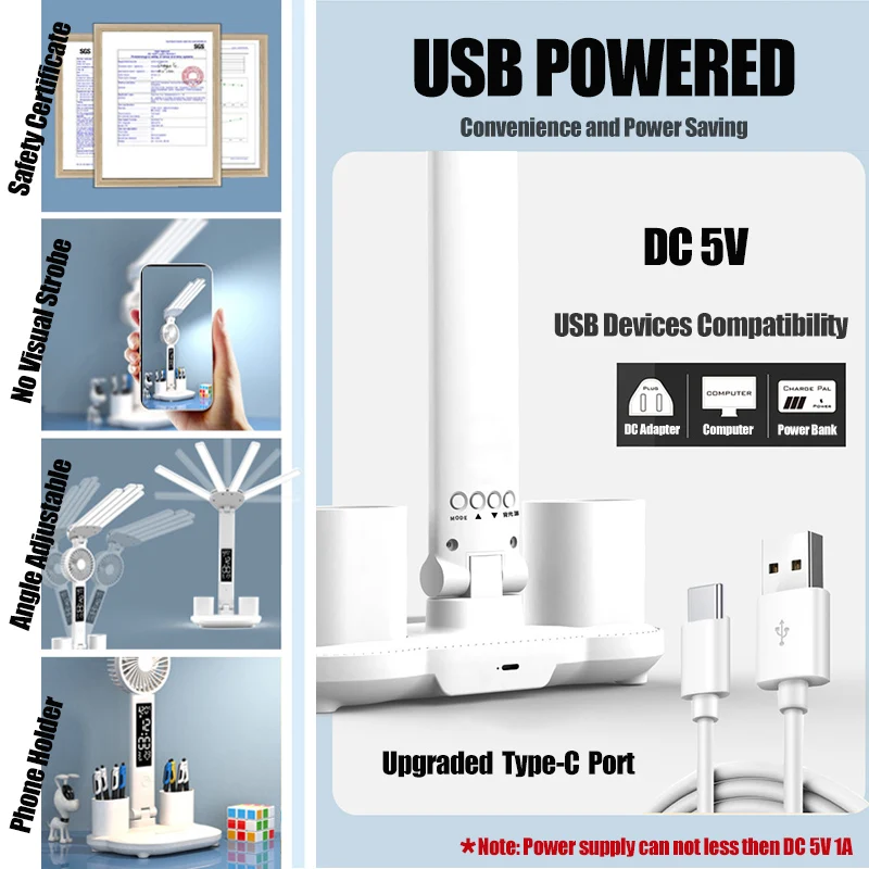 مصباح مكتبي للعناية بالعين مع مروحة ، شاشة عرض ليد ، ساعة رقمية ، usb ، تحكم باللمس ، 3 ألوان ، مصباح ليلي قابل للطي #5