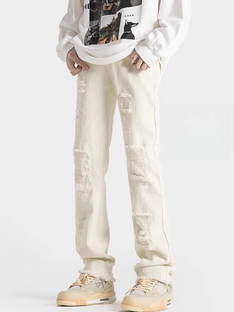 

Джинсы с рваным краем и дырками в американском стиле, унисекс, модные, свободные, прямые, слегка расклешенные, повседневные, длинные брюки в уличном стиле