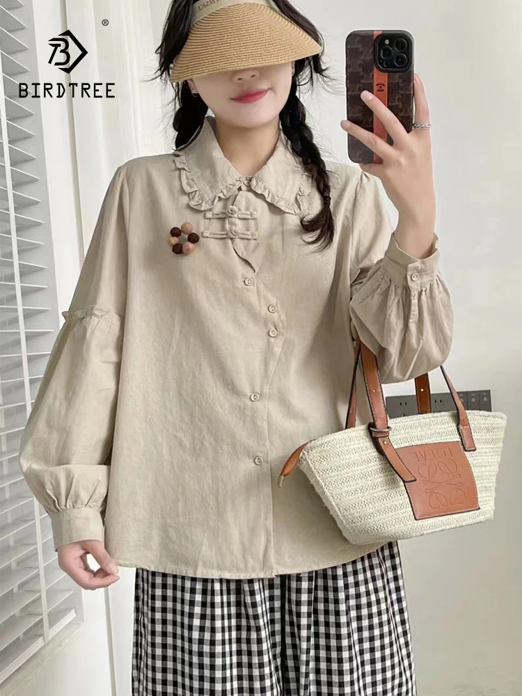 

New Summer Cotton Linen Lantern Sleeve Shirt Lapel Top Mori Girl Casual Loose French Sweet Vintage Blouse 2024 Autumn T474124QC