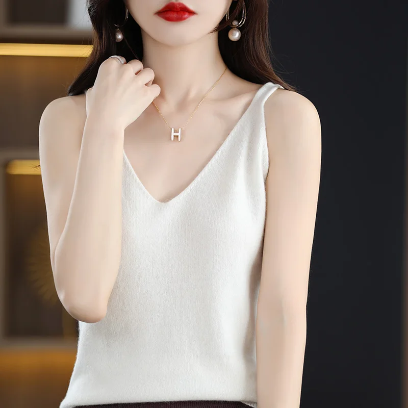 Spring Summer Women Sweater Vest Solid Casual Knitted Tops Sexy V-neck Bottoming Tank Tops 2024 Knit Fashion Korean Tank Top