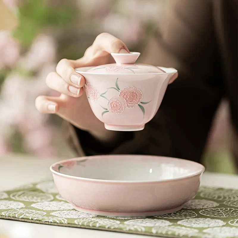Pink Glaze Hand-painted Group Flower Ceramic Tureen Teacup Single High-looking Lady's Special Tea Bowl Chinese Gift Set Style