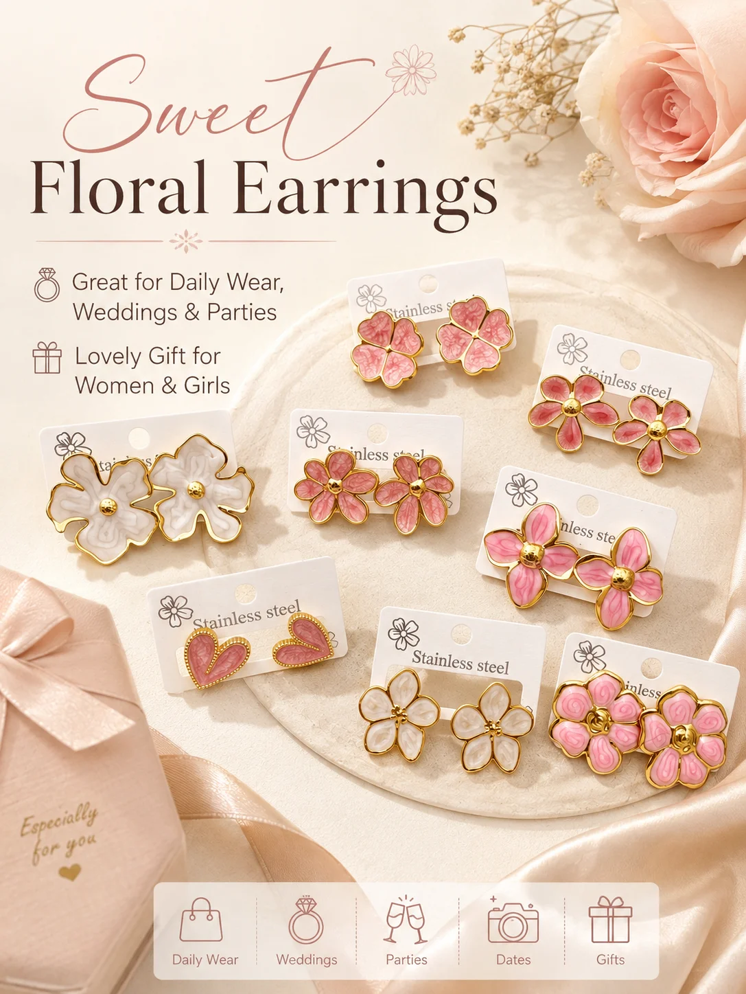 Stainless Steel Floral Stud Earrings for Women Girls Hypoallergenic Pink White Flower Earrings Daily Wedding Party Gift