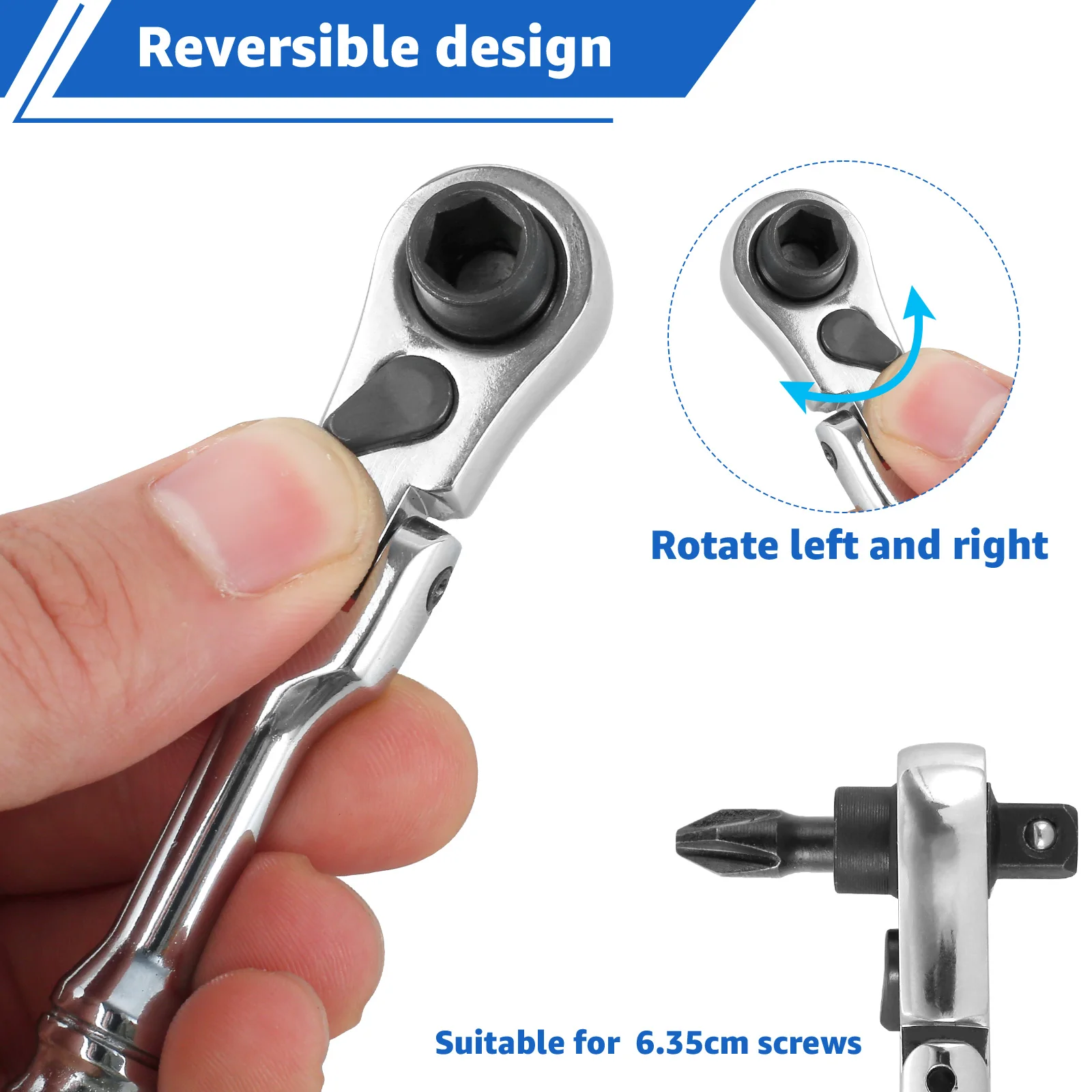 Ratchet Handle Chrome Vanadium Steel 2 in 1 Multifunctional Flex Head Ratchet Wrench 1/4inch Drive Ratchet and Bit Driver Tool