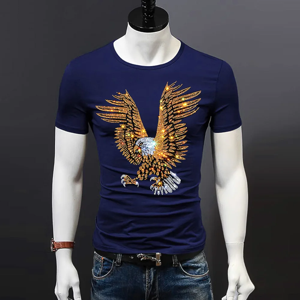 Fashion Streetwear Man Falcon Clothing Animal Eagle 3D Rhinestone T-shirt Summer Casual Men Hawk T shirts Male Short Sleeve Tops