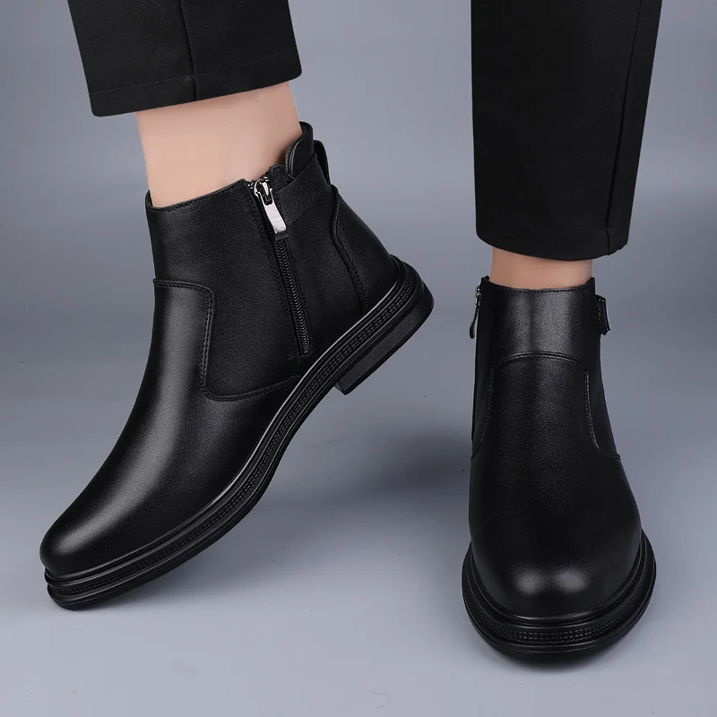 Platform Black Round Head Chelsea Boots Heel Zipper Design Short Boots Mens High Top Leather Shoes Motorcycle Boots Men Shoes