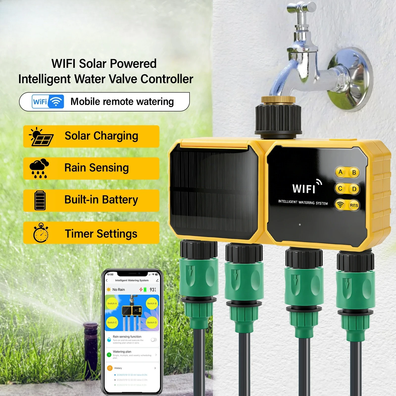 Solar WiFi 4 Zone Irrigation Timer IPX6 Rain Sensor Garden Smart Water Timer Valve