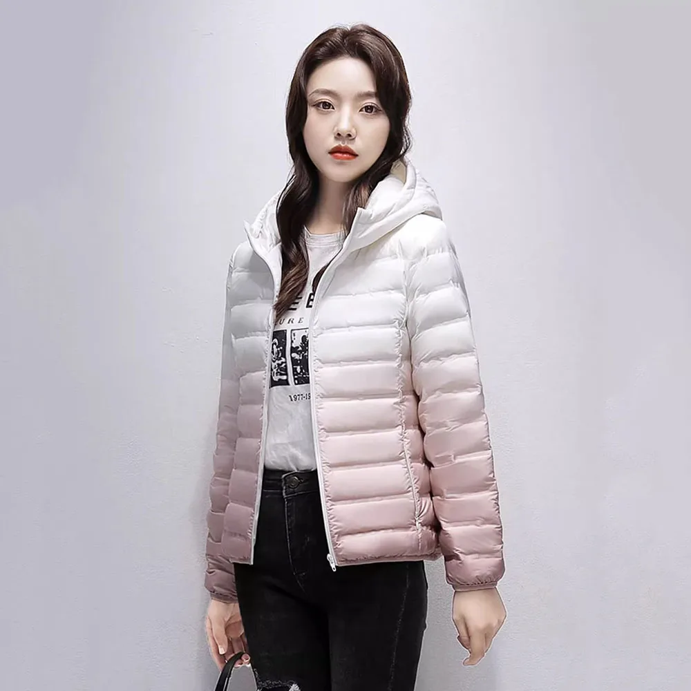 (Down jacket foundry) Duck Down Jacket Female Short Fashion Hooded Slim Gradient Warm Temperament Coat Female Tide.