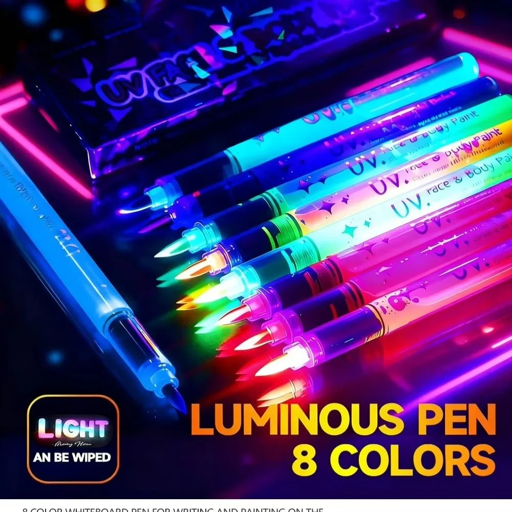 

8 Colors Set New Erasable Body Glow Paint Pens Bright Glow in The Dark Acrylic Paint Pens DIY Fluorescent Pens Art Supplies
