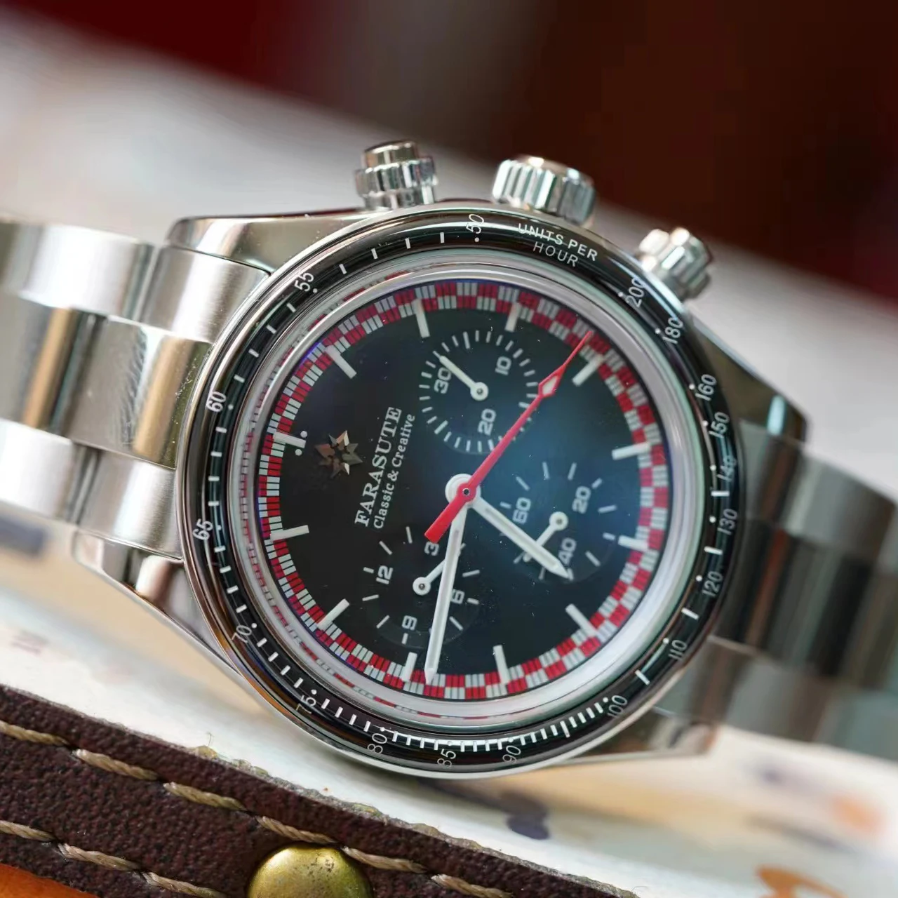 FARASUTE Men Automatic Watch 39mm Chronograph Mechanical Wristwatch Luminous Sapphire Bezel & Mirror Dandong 4801 Racing Dial