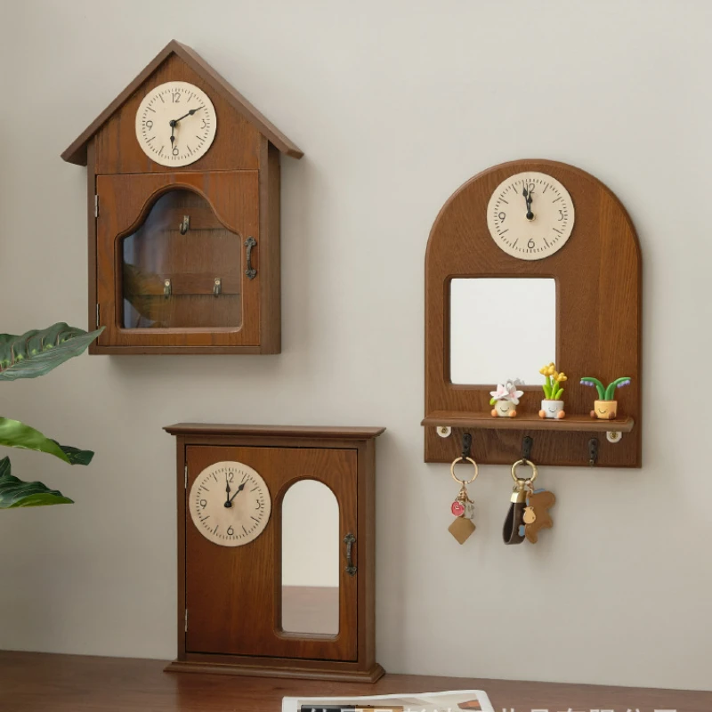 

Vintage Wooden Wall Clock Key Holder With Mirror Silentt Wall Clock Key Hanger With Hooks For Keys, Bags, Home Decor