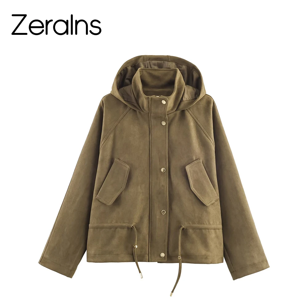 

ZERAINS осенний новый продукт, женская замшевая куртка с воротником-стойкой и капюшоном, куртка с затягивающим поясом