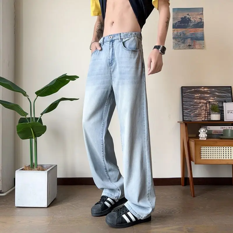 صيف جديد فضفاض جان للرجال أزرق فاتح مستقيم واسعة الساق مطرزة المألوف عادية الدينيم السراويل الطويلة الذكور فضفاض الجينز رجل