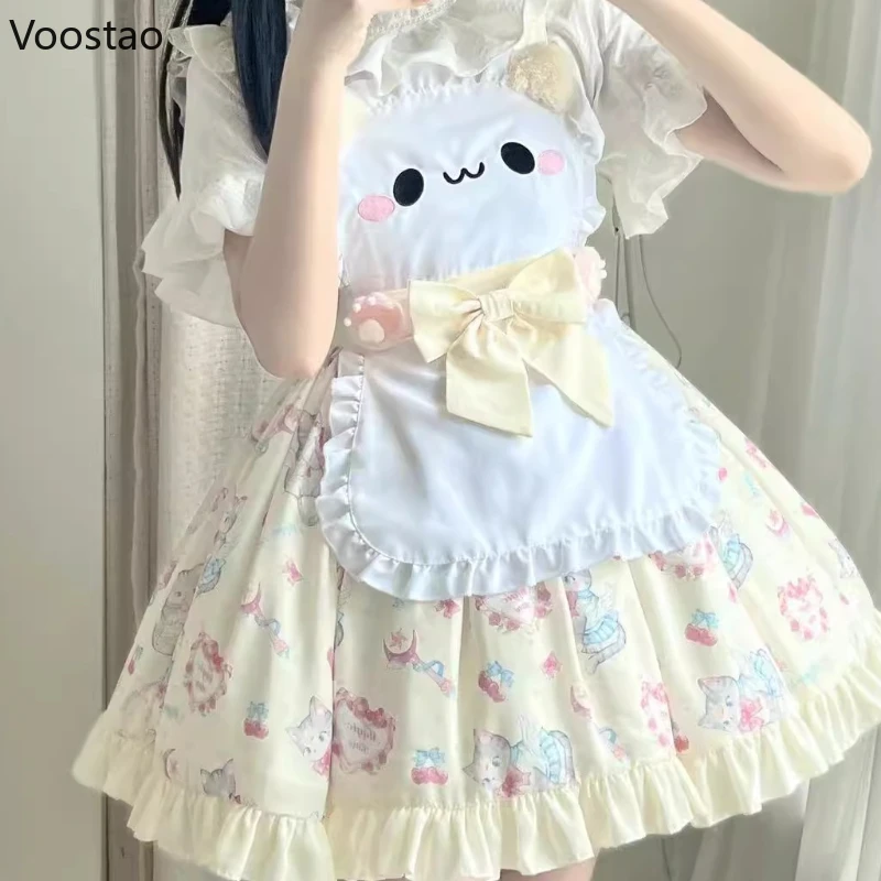 

Японское милое платье Лолиты Jsk, женское милое мультяшное кружевное платье с оборками и фартуком с бантом, платья принцессы для девочек, каваи, мини-платье для чаепития