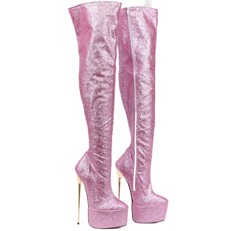 FHC 22cm Golden Metal Heel Women Thigh High Boots,Fetish Pole Dancing Shoes,Over The Knee Long Botas,Round Toe,Pink,Dropship