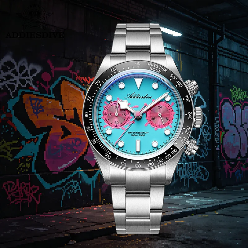

Мужские кварцевые часы ADDIESDIVE, новые часы с керамическим безелем и пузырьковым стеклом, светящиеся часы, водонепроницаемые до 100 м, хронограф из нержавеющей стали