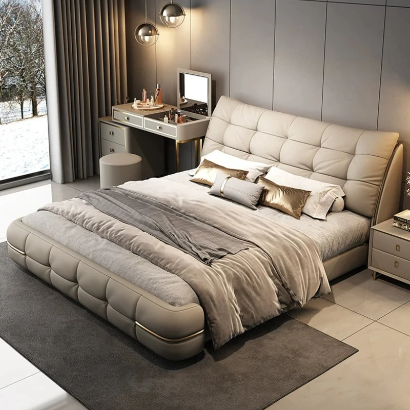 Genuine leather bed replaces simple master bedroom wedding bed Italian style light luxury double soft bag storage large bed