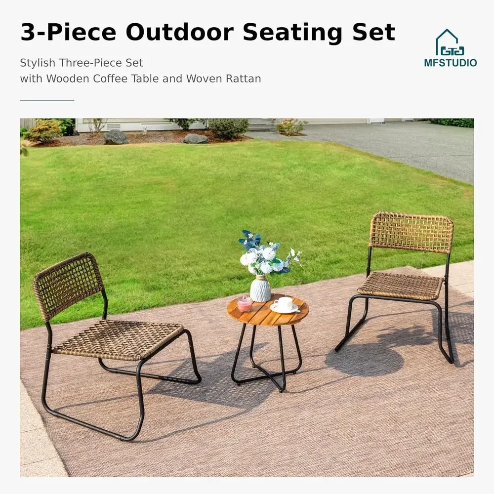 Compact 3-Piece Outdoor Wooden Bistro Set, Yellow-Brown, Suitable for Porch or Balcony, Supports 250 lbs
