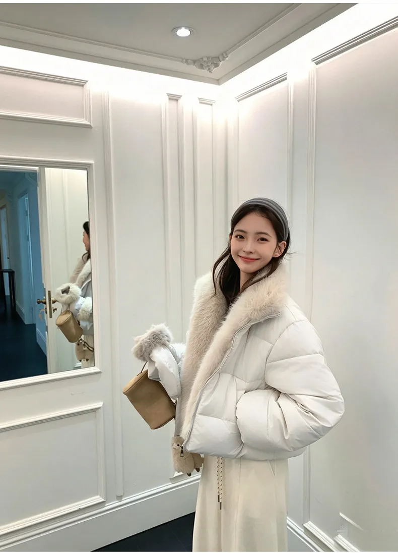 Korean Women's Short Puffer Jacket with Large Fur Collar Women Loose Thick Padded Cotton Coats Female Solid Casual Zipper Parkas