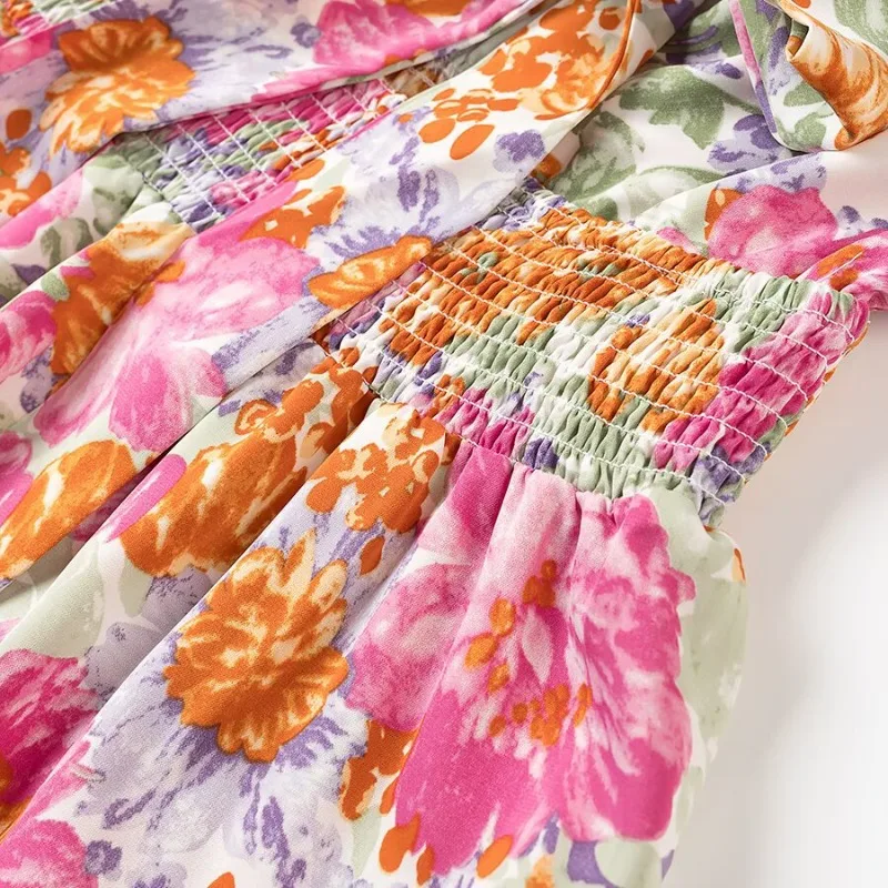 French Sweet Wind Lotus Leaf Edge Seaside Vacation Sleeveless Printed Strap Short Dress 2025 Summer New High Waist Women's Wear