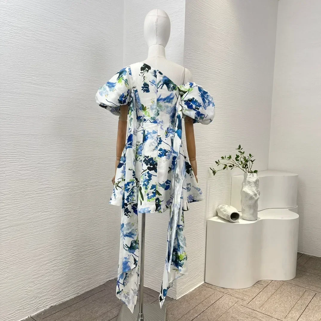 Latest 2024 Self Tie Back Bow Floral Printing High Stree Style Ruched Mini Dress for Women