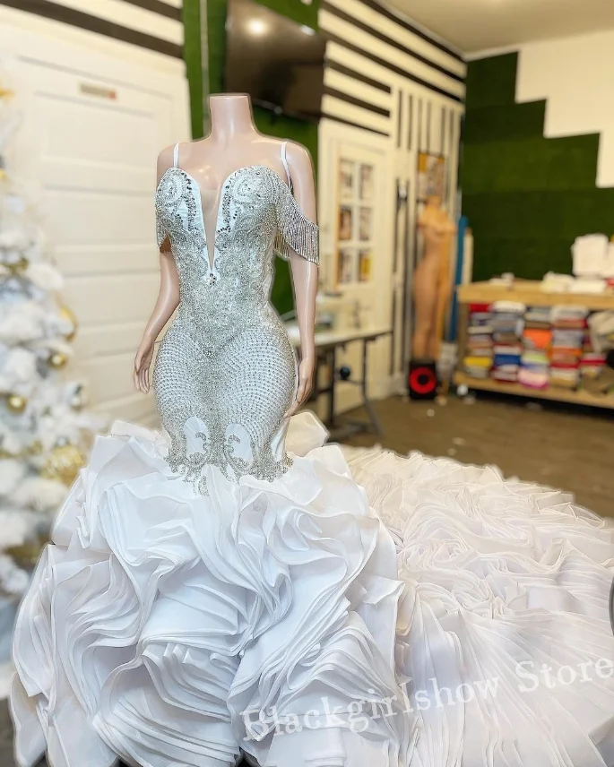 Gaun pernikahan Diamante putih berkilau 2024 untuk wanita korset berlian imitasi kristal mewah gaun renda pengantin Vestido De Novia