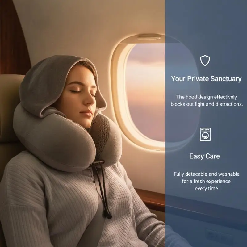 Oreiller de voyage en mousse à mémoire de forme avec capuche, sangle réglable, tissu lavable et doux pour la peau, idéal pour l'avion et la sieste en voiture