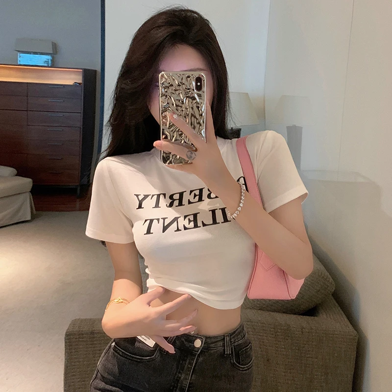 Summer Printed Letter Hong Kong Style Short Sleeve T-Shirt with Padded Shoulders for Women