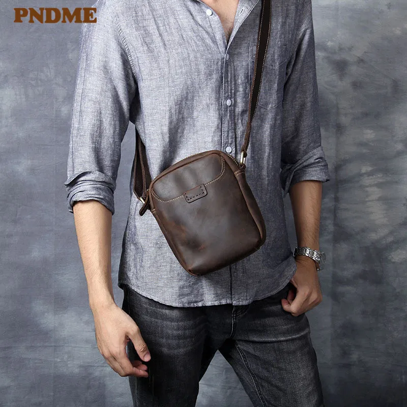 Vintage natural genuine leather men\'s small phone shoulder bag fashion casual crazy horse cowhide daily shoulder messenger bag