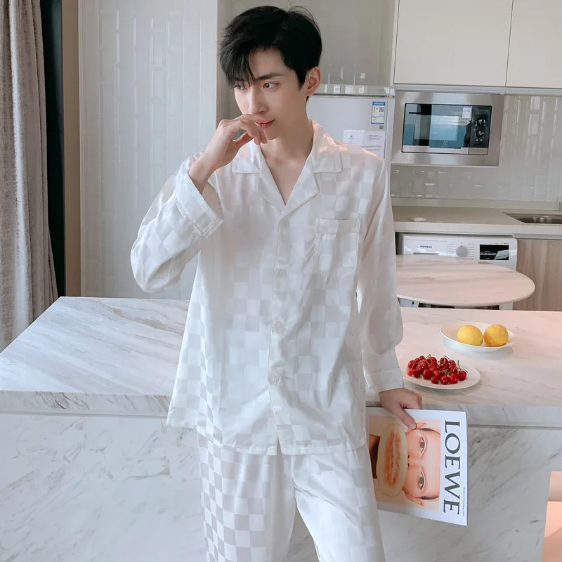 HIgh Quality Pajamas Set Men Spring Autumn Simple Classic Ice Silk Sleepwear Male Two piece Suit Youth Home Clothing Outdoor Boy