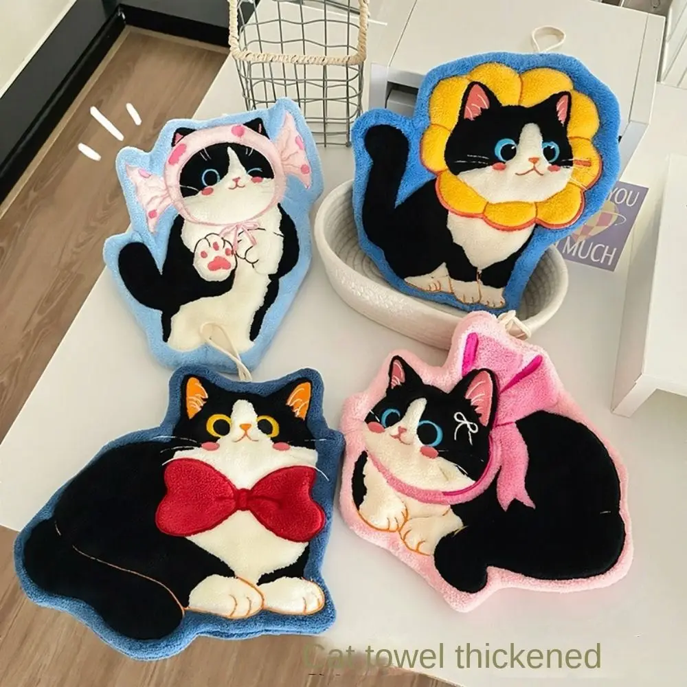 High Quality Cute Cat Hand Towel Coral Fleece Soft Bathroom Kerchief Thickened Hanging Style Toilet Handkerchief Kitchen