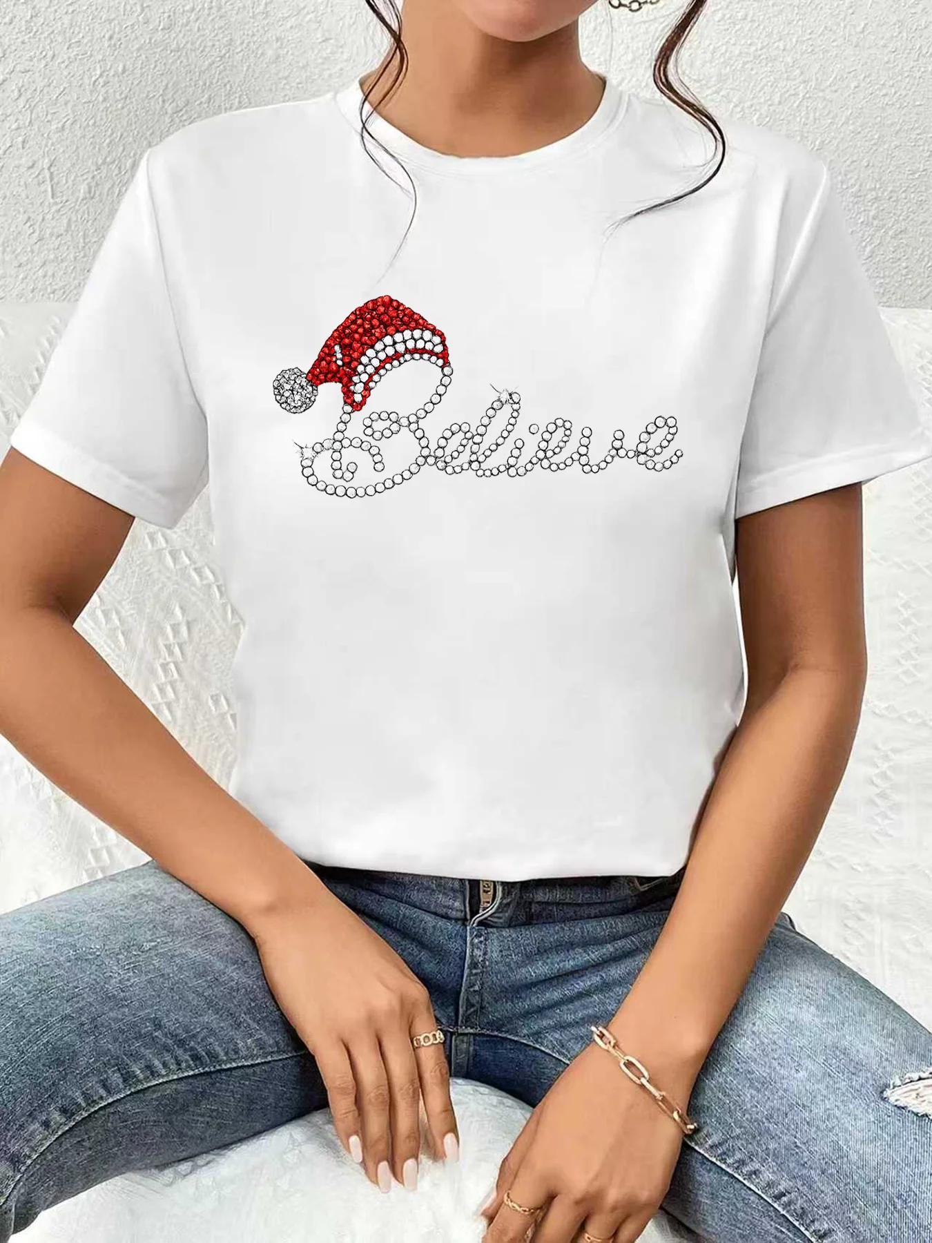 

【WDS0325】Rhinestone Santa Hat Graphic Women's Plus Size Summer Casual Short Sleeve Crew Neck Tee Street Fashion Versatile Top