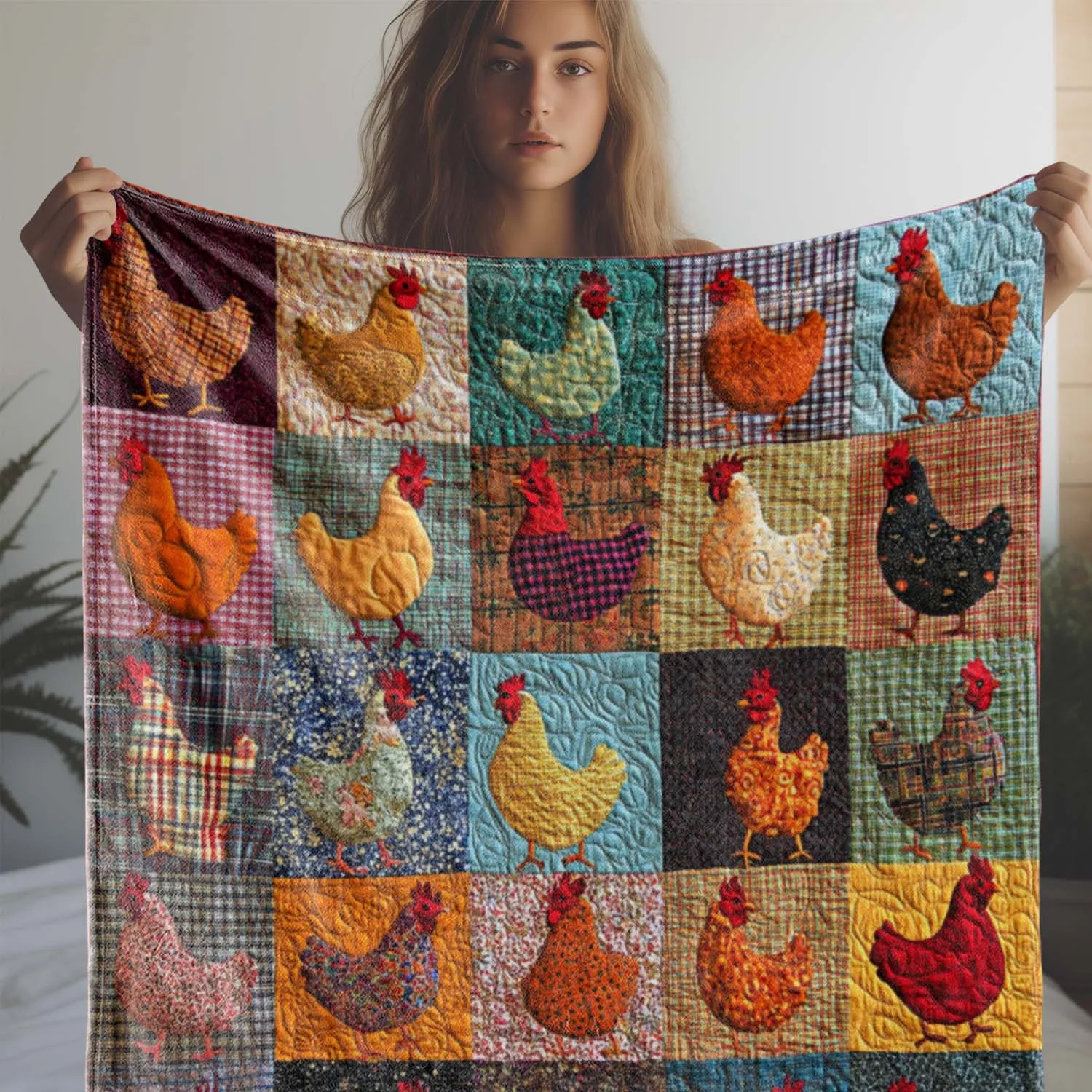 

Vintage Chicken Print Flannel Blanket Soft Cozy Knitted Throw Colorful Patchwork Fleece for Sofa Bed Office Camping Travel