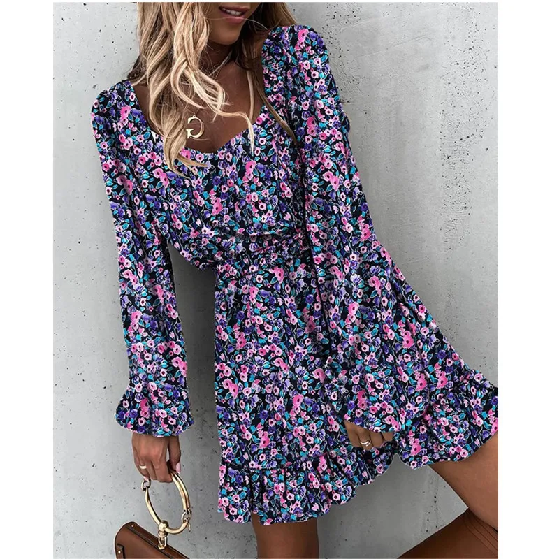 Outono manga longa gola quadrada vestido floral feminino casual plissado a linha vestidos de impressão agradável magro feminino boho mini festa