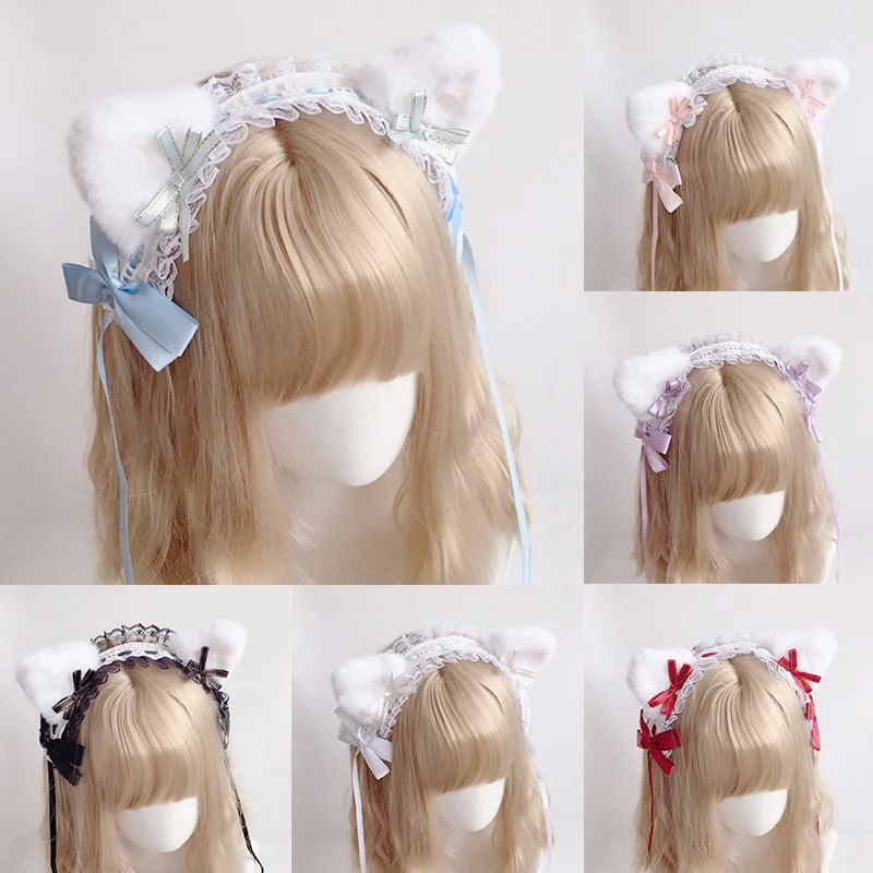 Lolita Katzenohren-Haarband für Frauen, süße Spitze, Haarnadel, Kopfschmuck, Cosplay, Anime-Stirnbänder, Plüsch-Kunstfell-Ohren, Band, Schleife, Haarreifen – Detail 9