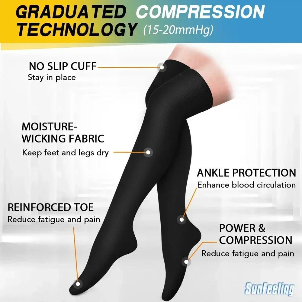 1 Pair 20-30 mmHg Compression Stockings for Women & Men, Thigh High Socks Graduated Support for Varicose Veins, Edema, Flight