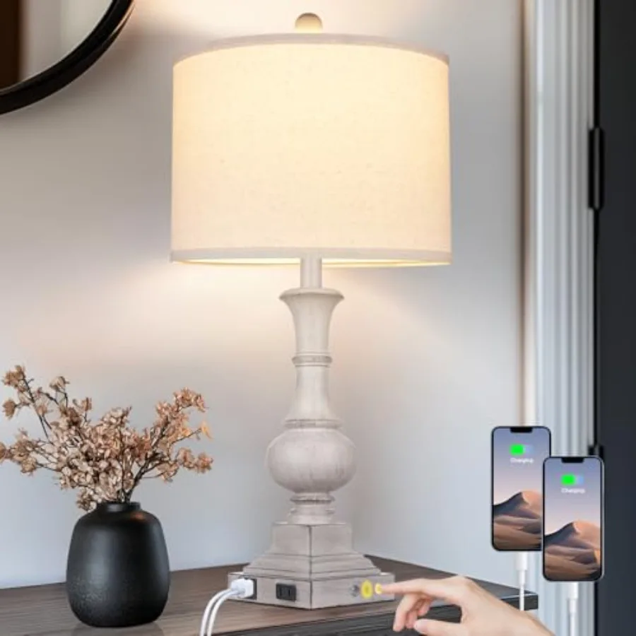 

26" Farmhouse Lamp with 2 USB Ports and AC Outlet Vintage Rustic Touch Control Bedside Lamp Resin 3-Way Dimmable Nightstand Lam