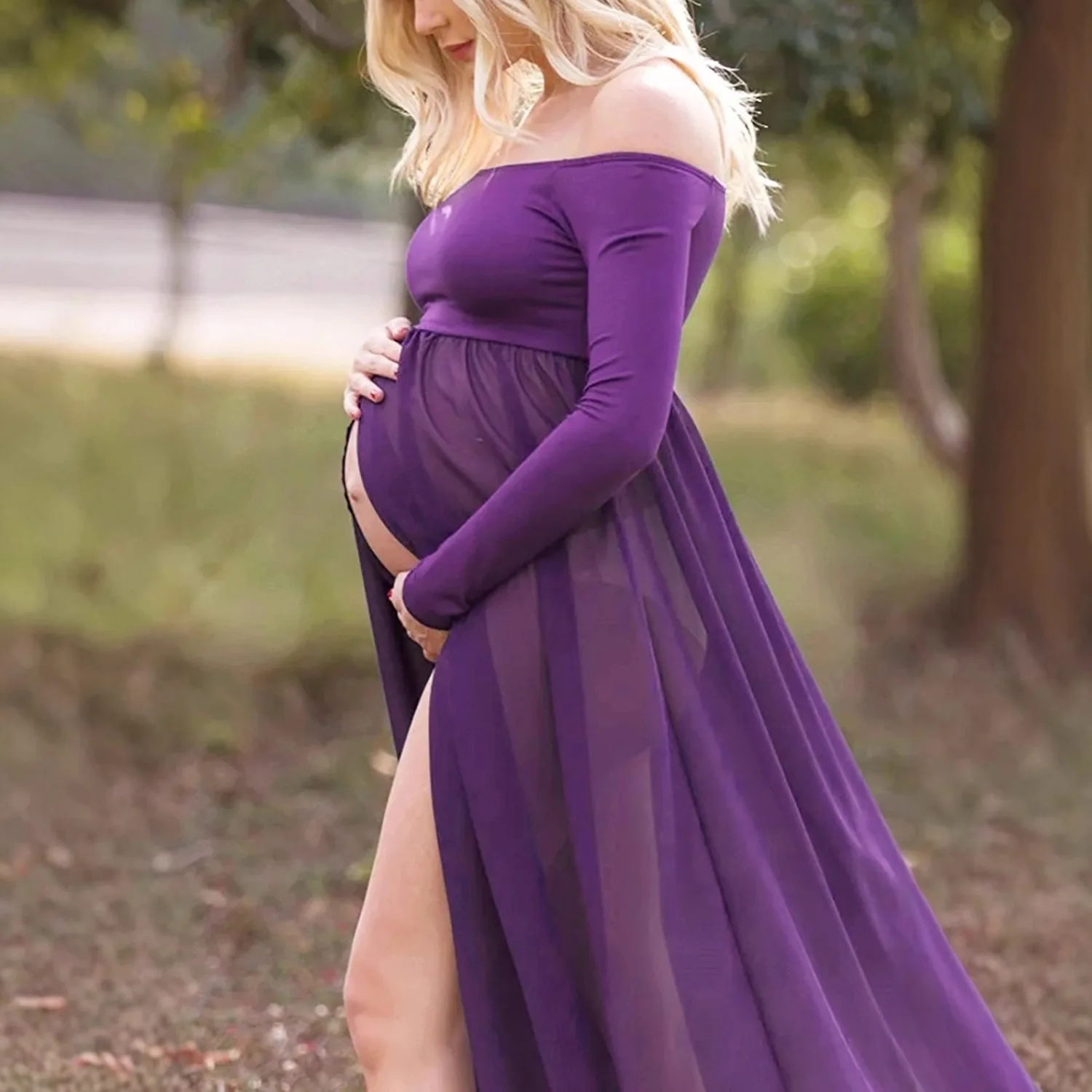 European & American White Sexy Maternity Photography Dresses Long Sleeve Polished Cotton Blend Chiffon Slim-Fit Train Dress