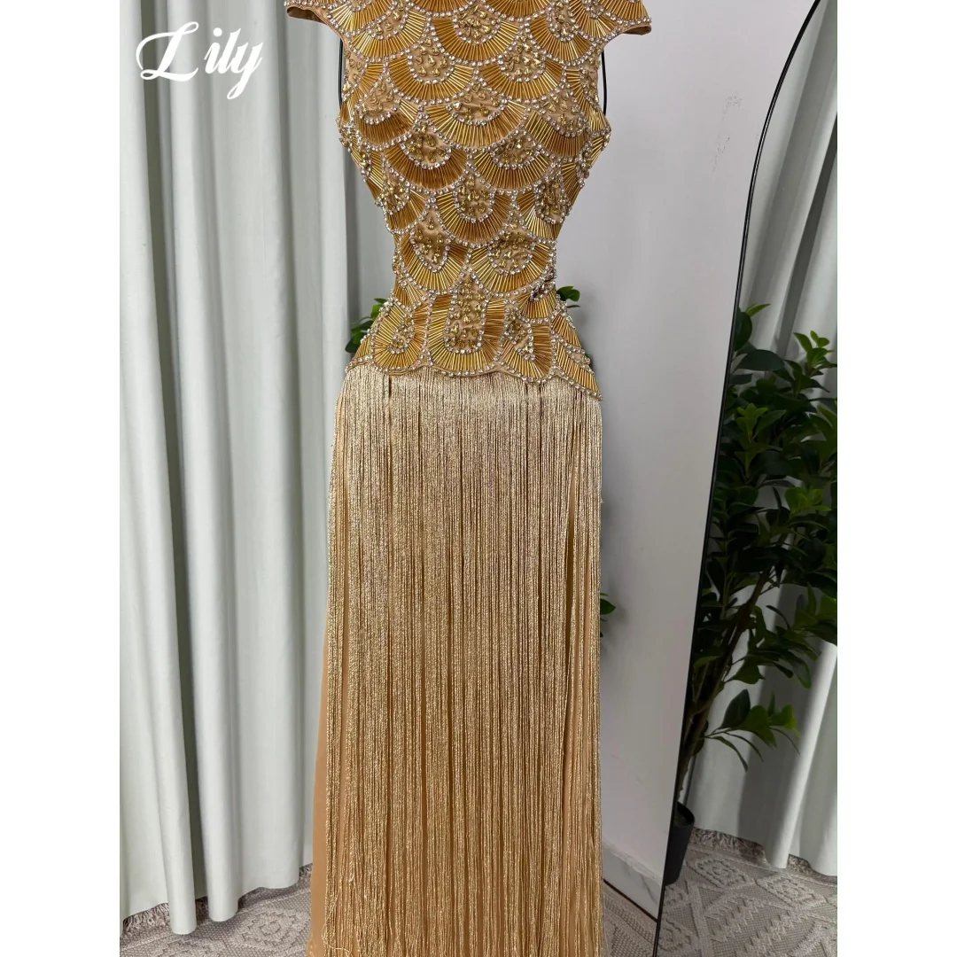 Lily Luxury Beaded Tassel Prom Dress Golden High Neck Evening Gown With Handmade Rhinestone Beaded Fringe Party Dress Customized image 6