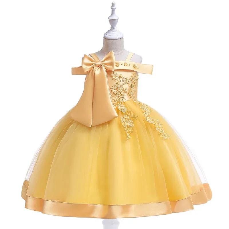 New Girls' Dress Beaded Flower Off spalla Strap Princess bambini piccoli senza maniche Solid a-line abiti da sera