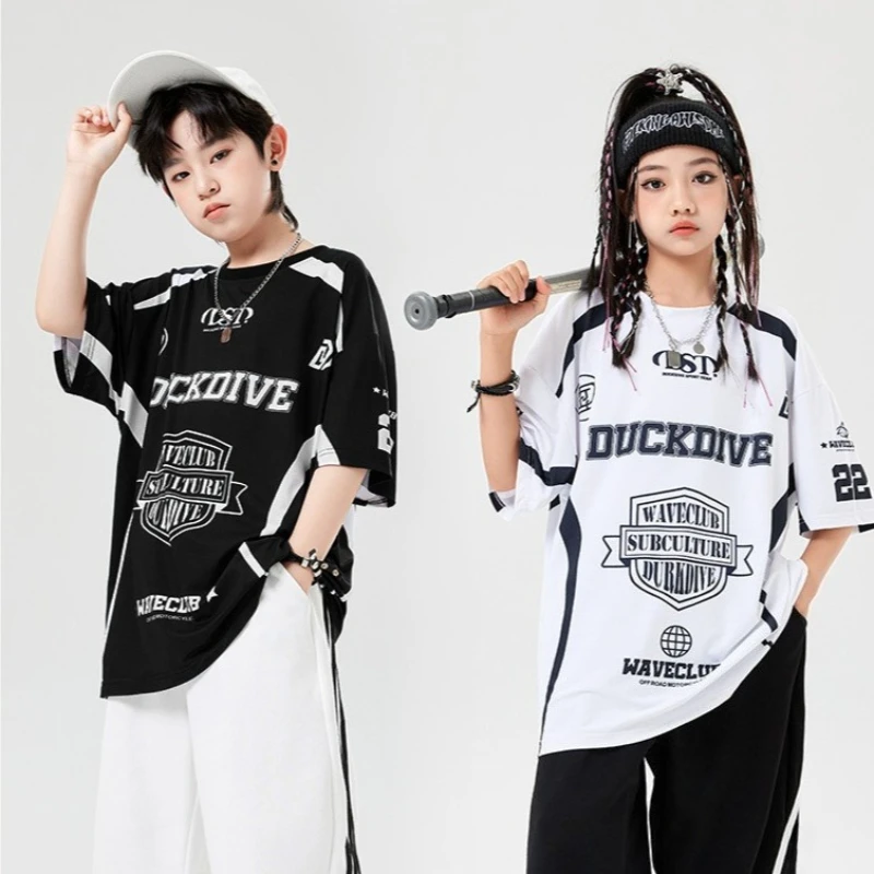 

Fashion Hip Hop Dance Costumes for Boys Summer Girls Letter Short Sleeve T-shirt Street Wear Group Stage Performance Clothing