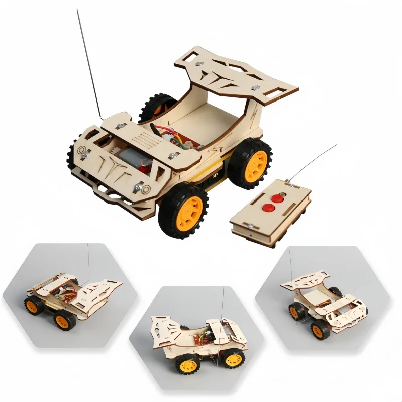DIY Wooden Remote Control Car Wooden Four Wheel Drive Racing Assembling Science Experiment Kits STEM Educational Toy