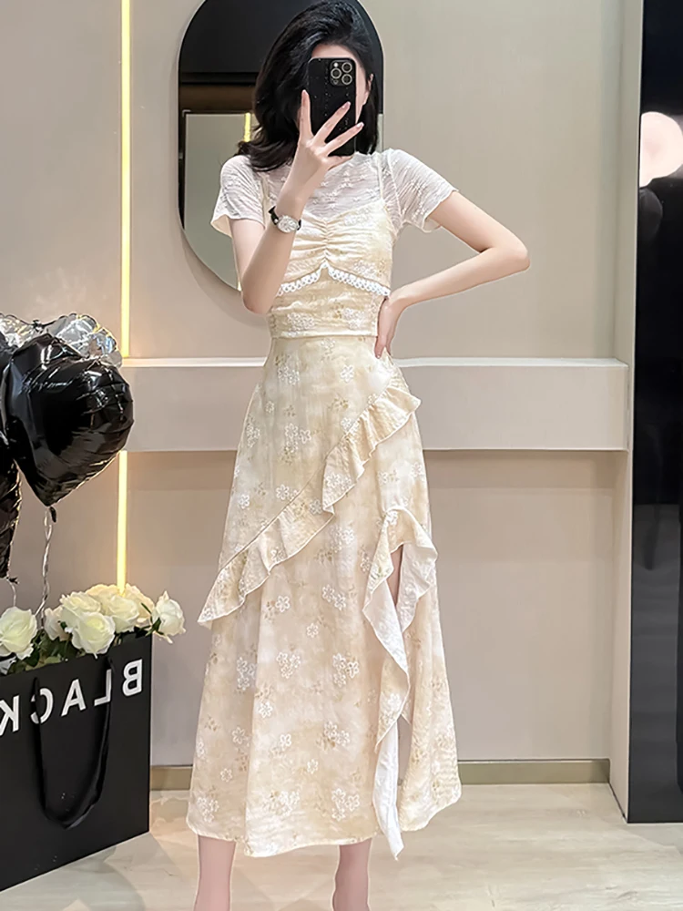 Zomer Vrouwen Koreaanse Mode Elegante Casual Vakantie Jurk Past 2025, Nieuwe Bloemen Chiffon Verstoorde Sling Jurk + Kant Top Shirts Suits