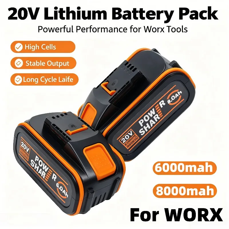Worx 20V Platform Battery Kit 6.0Ah & 8.0Ah Large Capacity Pack Comes with Original Charger
