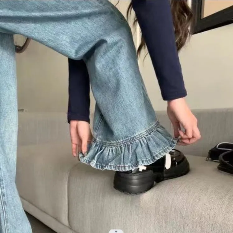 

Fashion Ruffles Straight Vintage Jeans for Women Y2k High Waist Loose Wide Leg Pants 2025 Spring New Blue Denim Pants