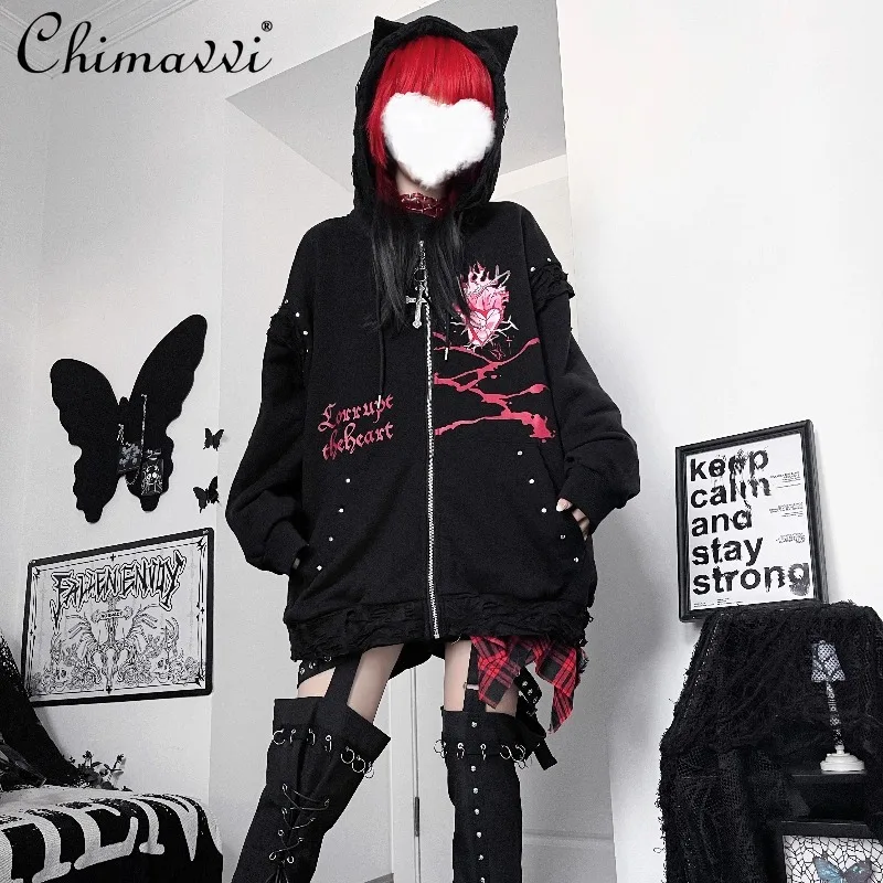 

Original Print Japanese Subculture Dark Girl Loose Cat Ear Distressed Hooded Sweatshirt Punk Long Sleeve Hoodies Coat Autumn
