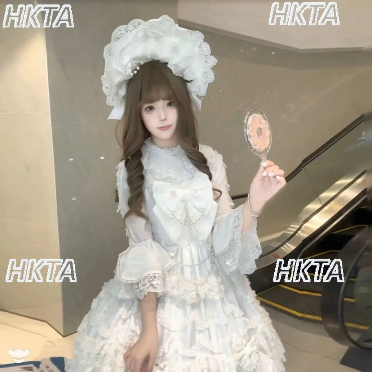 

Japanese Sweet Stand Up Neck Chiffon Shirt Summer Horn Long Sleeve Lace Bow Pleated Slim Versatile Lolita Blouse White Top Women
