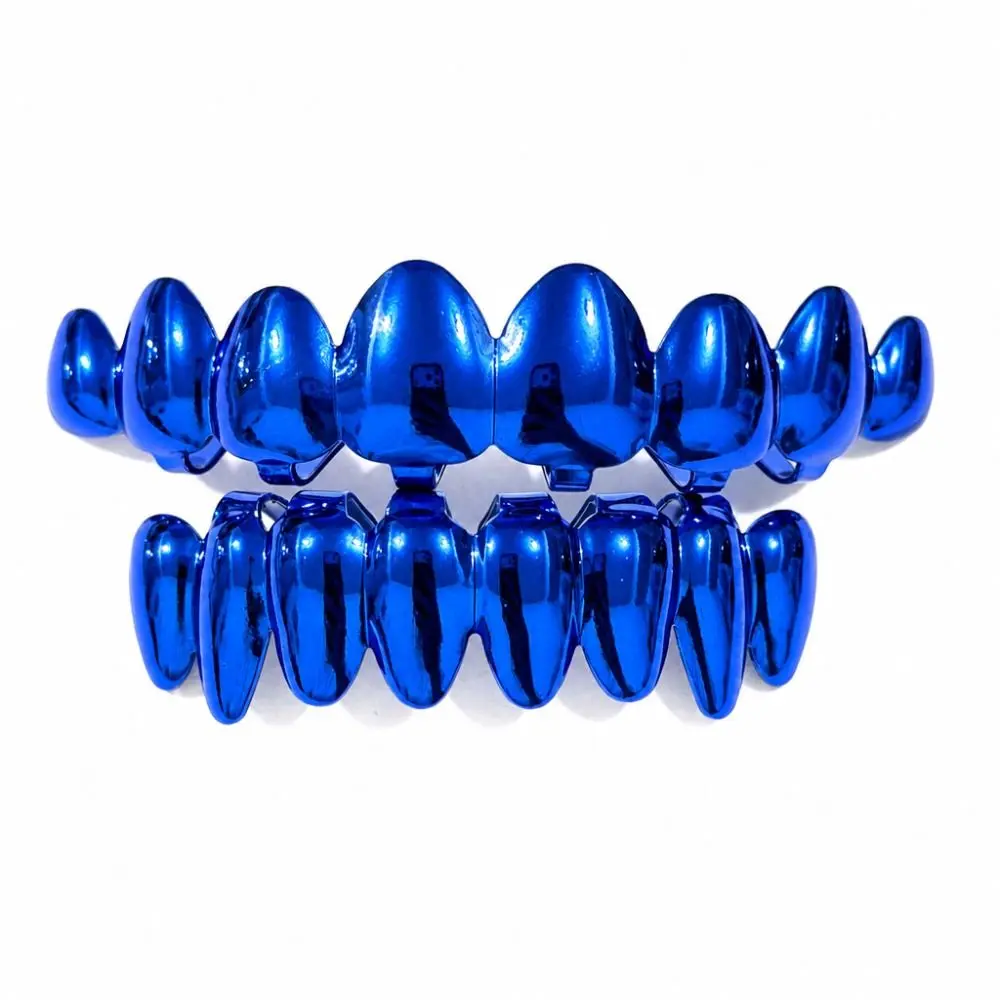 2pcs/set Glossy Finish Teeth Grillz Top Bottom Set Anti Slip Eco-friendly Copper Teeth Grillz Caps Blue Shiny Teeth Jewelry