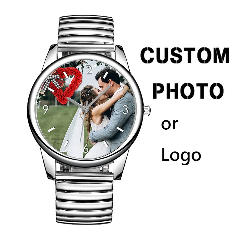 Print Your Name Custom Logo Photo Elastic Stainless Steel Strap Wrist Gift Watches Women Men Quartz Watch